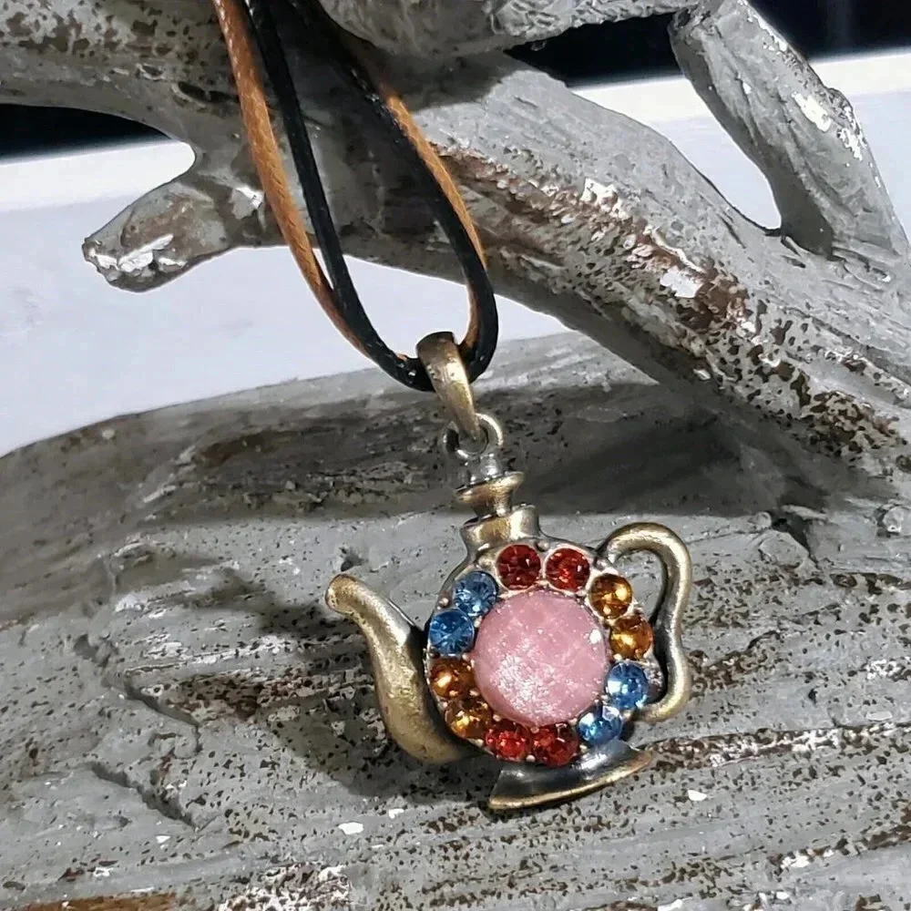 Rustic Antique Bronze Rhinestones Teapot Pendant Necklace Vegan Leather Cord - Picture 8 of 11